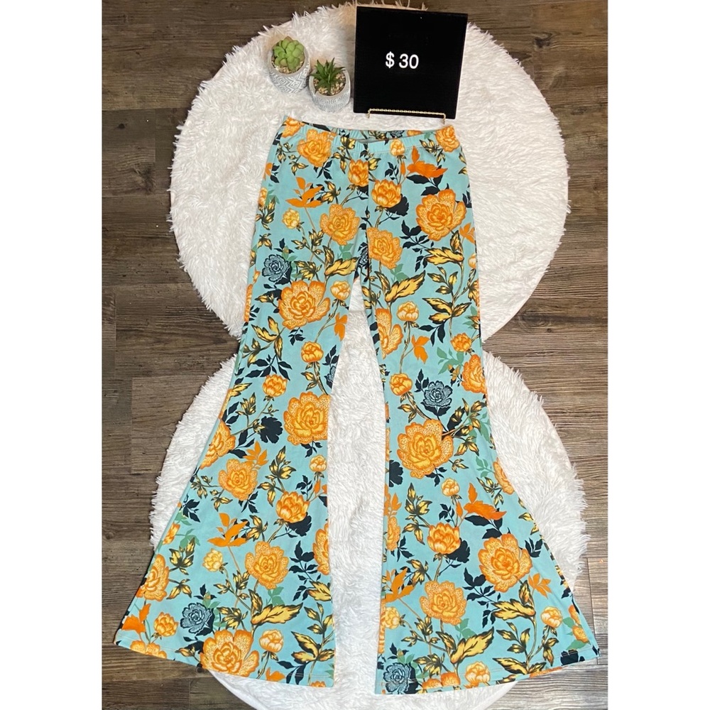 Blue And Yellow Floral Bell Bottoms